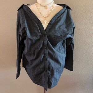 Honey Punch Pinstripe Off-Shoulder Blouse